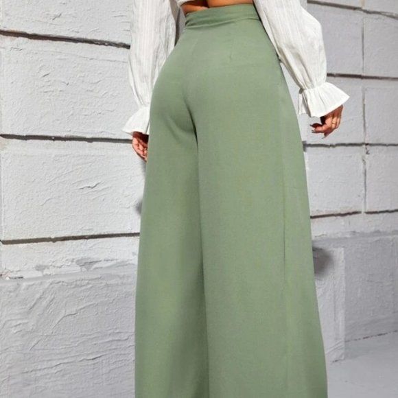 High Waist Fold Pleated Wide Leg Pants GREEN - Picture 5 of 6